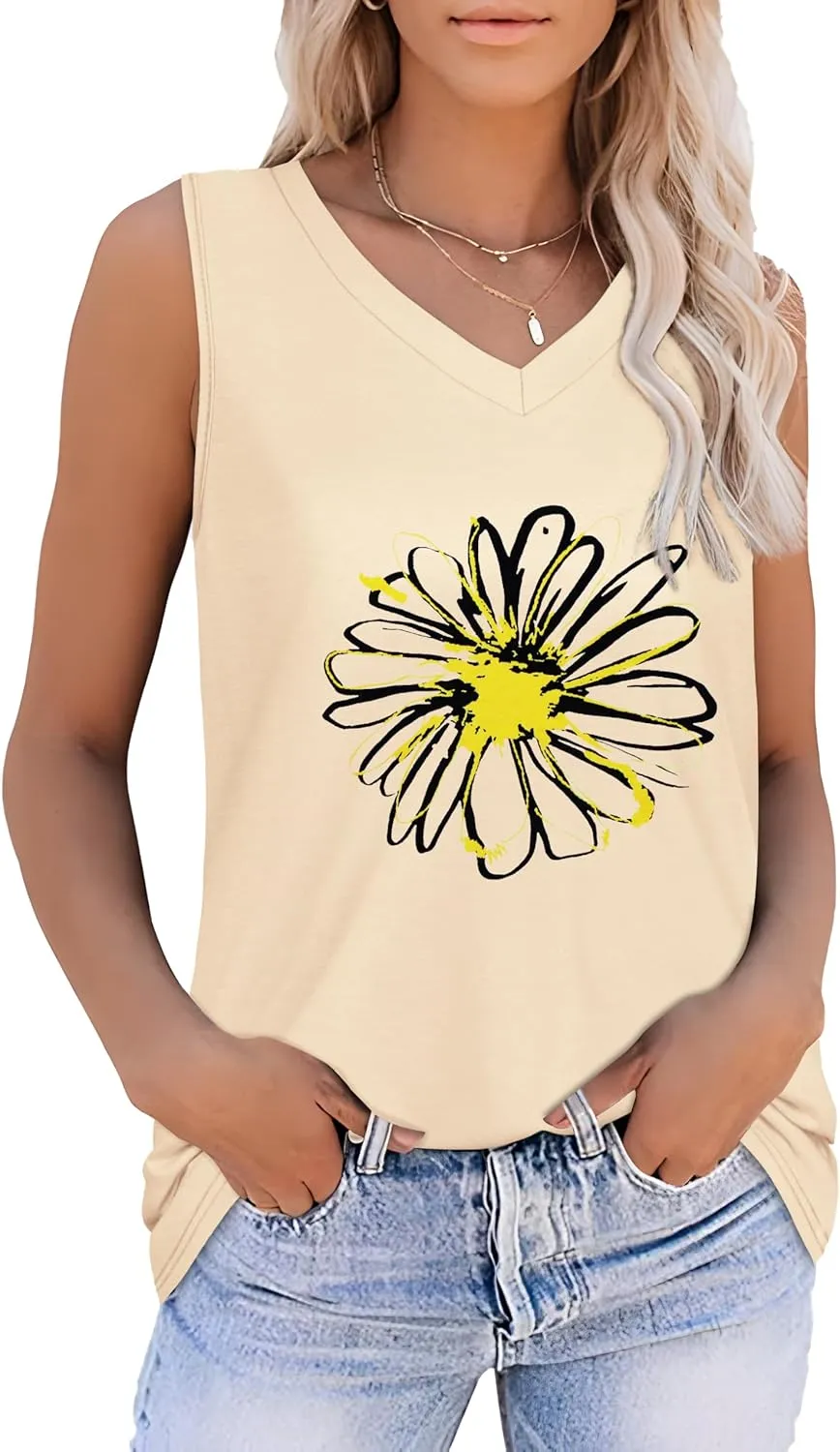 Summer Tops for Women Sleeveless V Neck Tshirt Loose Fit Casual Tank Tunic Blouse