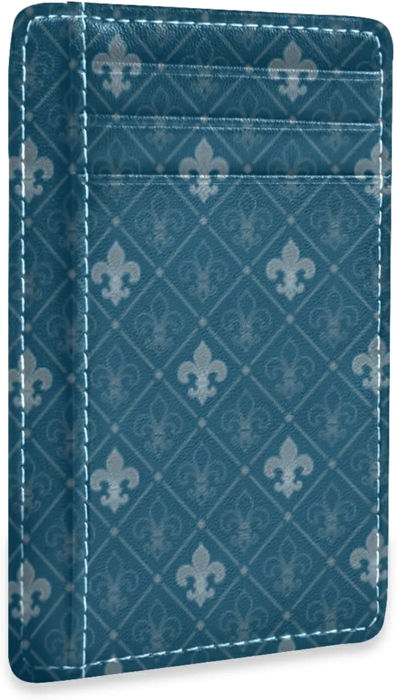 susiyo Blue Fleur De Lis Slim Minimalist Wallets Rfid Blocking Card Wallets PU Leather Front Pocket Wallets for Men Women