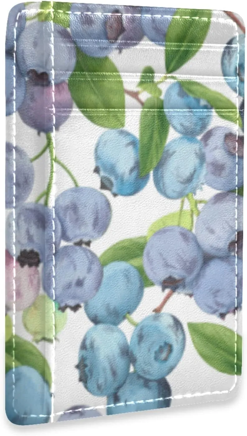 susiyo Blueberries Fruits Pattern Slim Minimalist Wallets Rfid Blocking Card Wallets PU Leather Front Pocket Wallets for Men Women