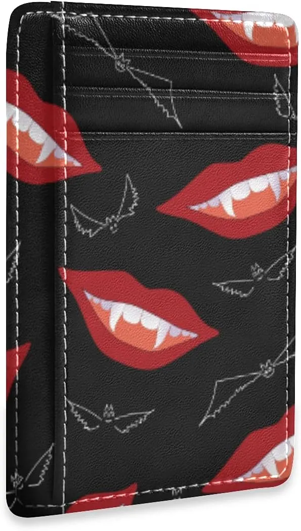 susiyo Halloween Smiling Vampire Lips Slim Minimalist Wallets Rfid Blocking Card Wallets PU Leather Front Pocket Wallets for Men and Women