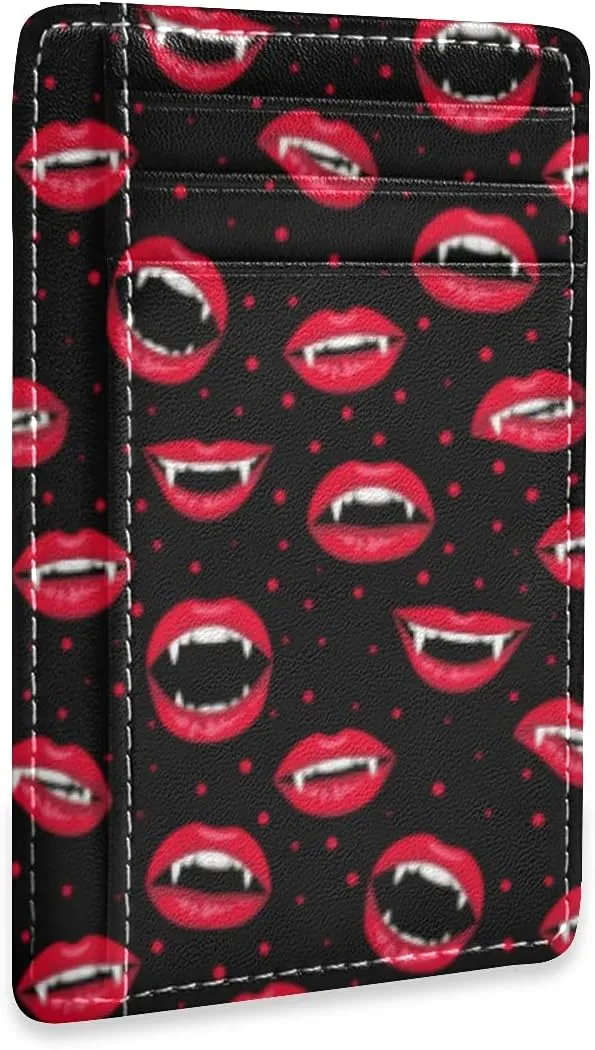 susiyo Halloween Vampire Red Lips Slim Minimalist Wallets Rfid Blocking Card Wallets PU Leather Front Pocket Wallets for Men and Women