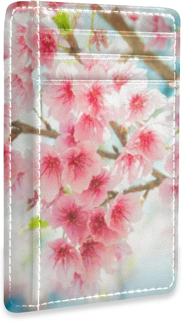 susiyo Pink Cherry Blossom Blue Sky Slim Minimalist Wallets Rfid Blocking Card Wallets PU Leather Front Pocket Wallets for Men and Women