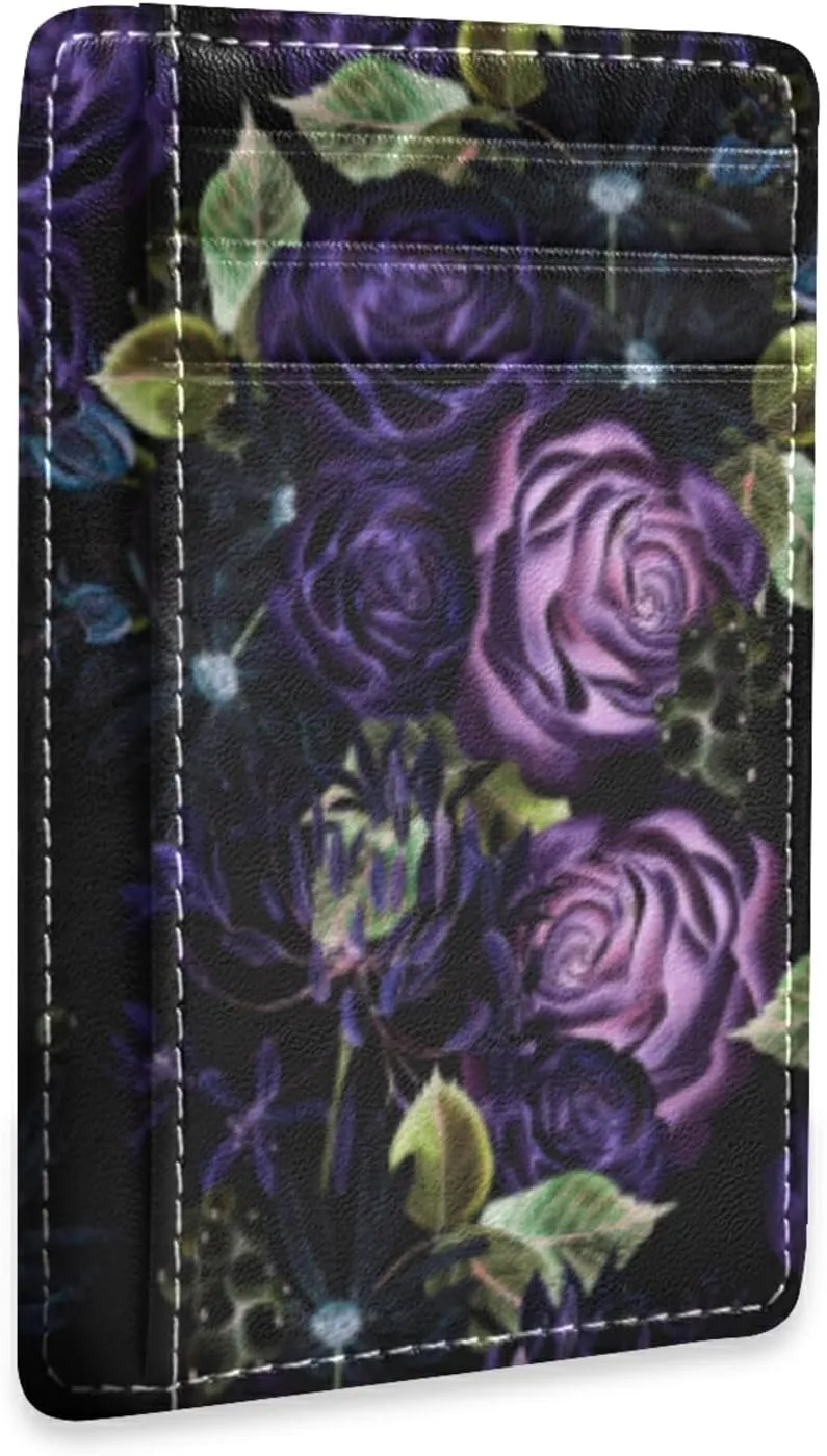 susiyo Purple Rose Flowers Slim Minimalist Wallets Rfid Blocking Card Wallets PU Leather Front Pocket Wallets for Men Women