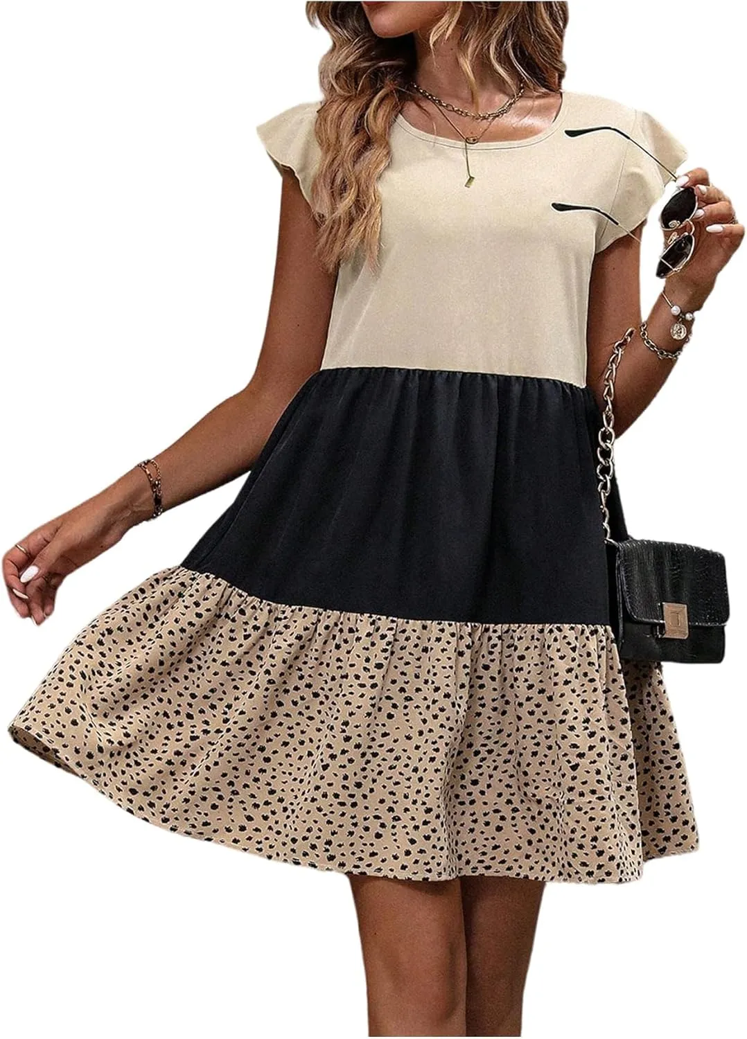 SweatyRocks Women's Boho Casual Ruffle Dress Summer Loose Colorblock Women Mini Dresses