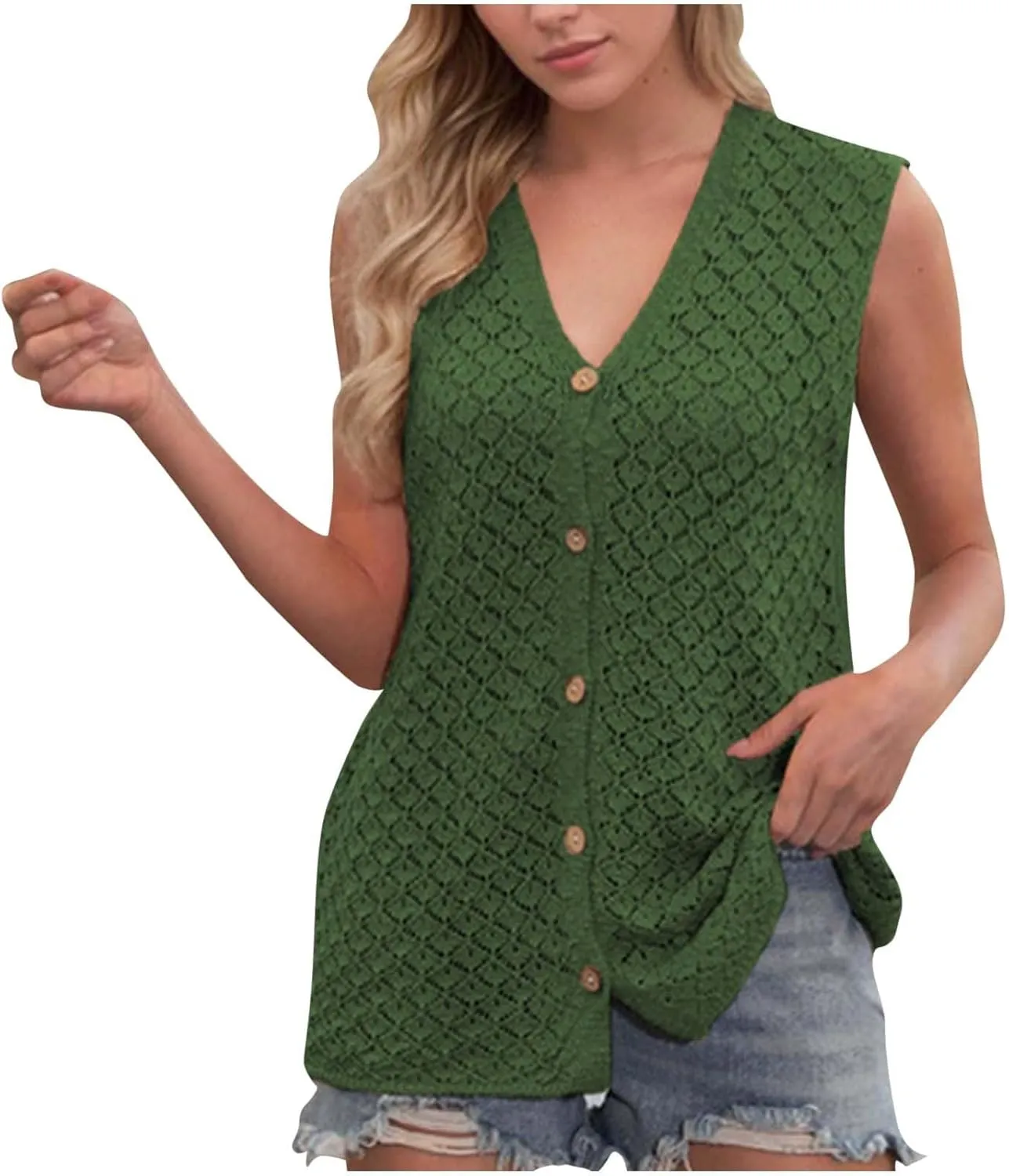 Tank Tops for Women 2025 Dressy Knitted V Neck Button Down Sleeveless Sweater Shirts Soft Comfy Trendy Dressy Outfits