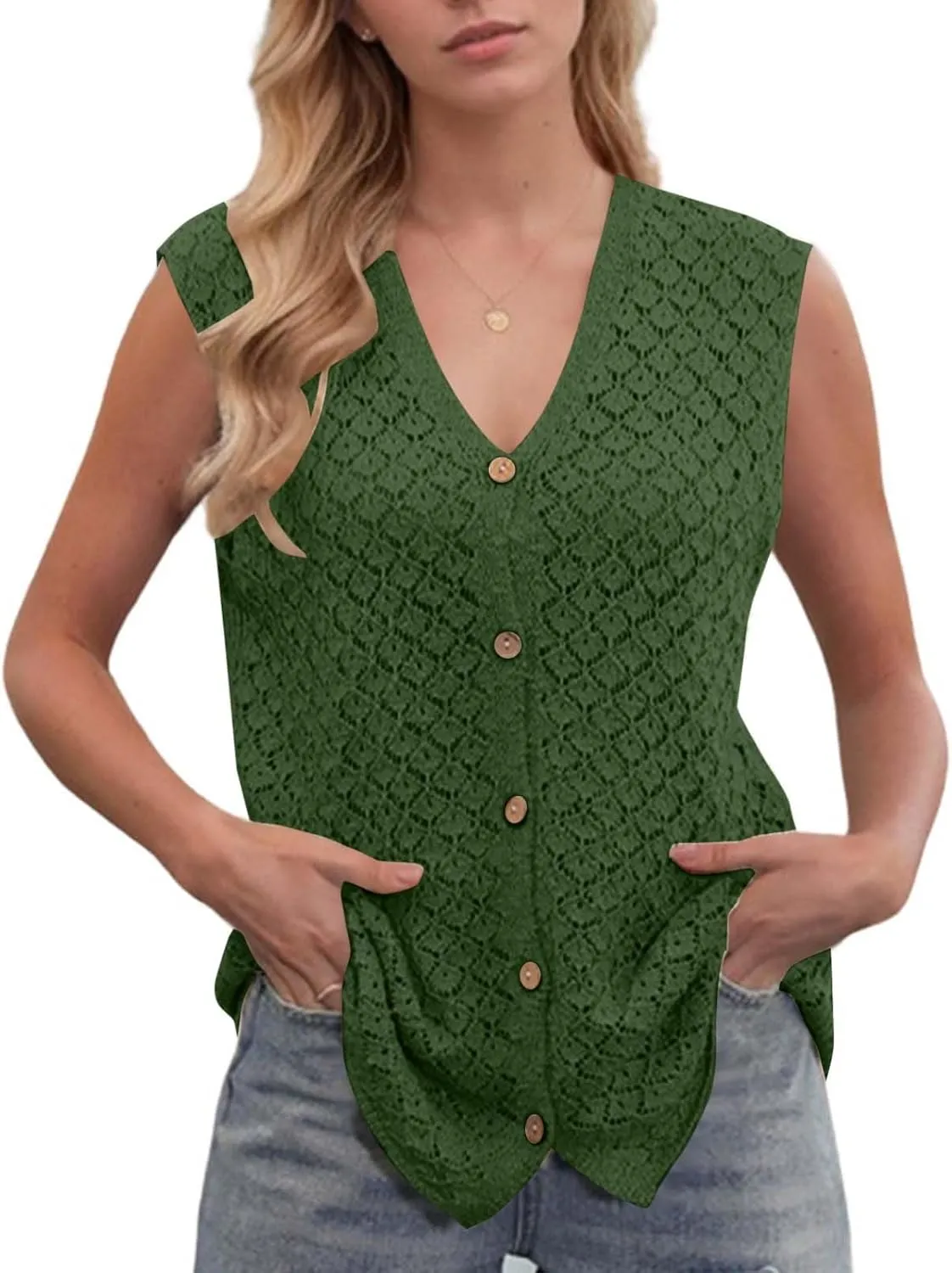 Tank Tops for Women 2025 Dressy Knitted V Neck Button Down Sleeveless Sweater Shirts Soft Comfy Trendy Dressy Outfits