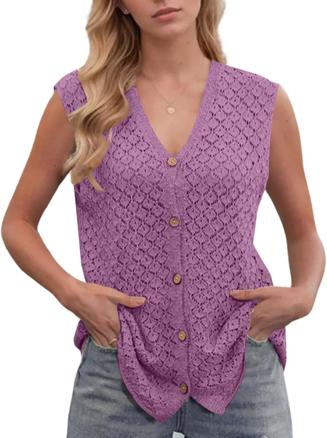 Tank Tops for Women 2025 Dressy Knitted V Neck Button Down Sleeveless Sweater Shirts Soft Comfy Trendy Dressy Outfits