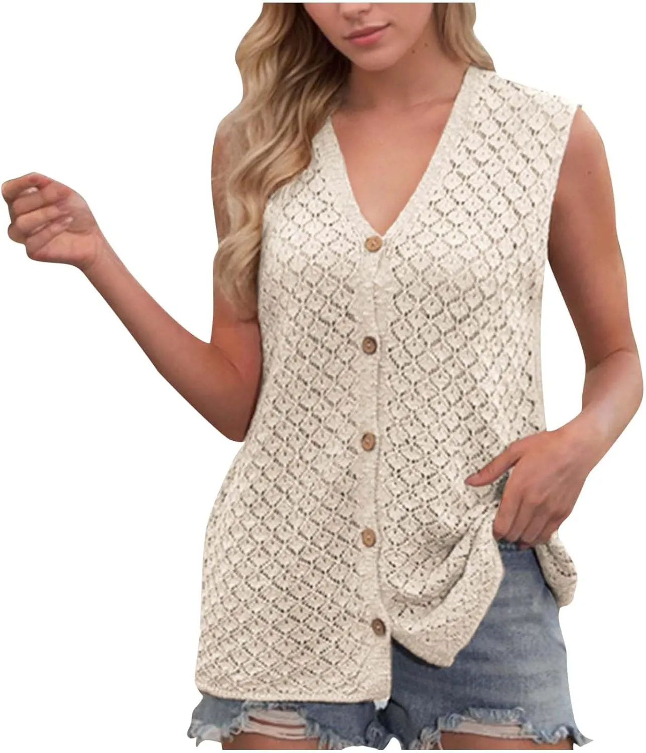 Tank Tops for Women 2025 Dressy Knitted V Neck Button Down Sleeveless Sweater Shirts Soft Comfy Trendy Dressy Outfits