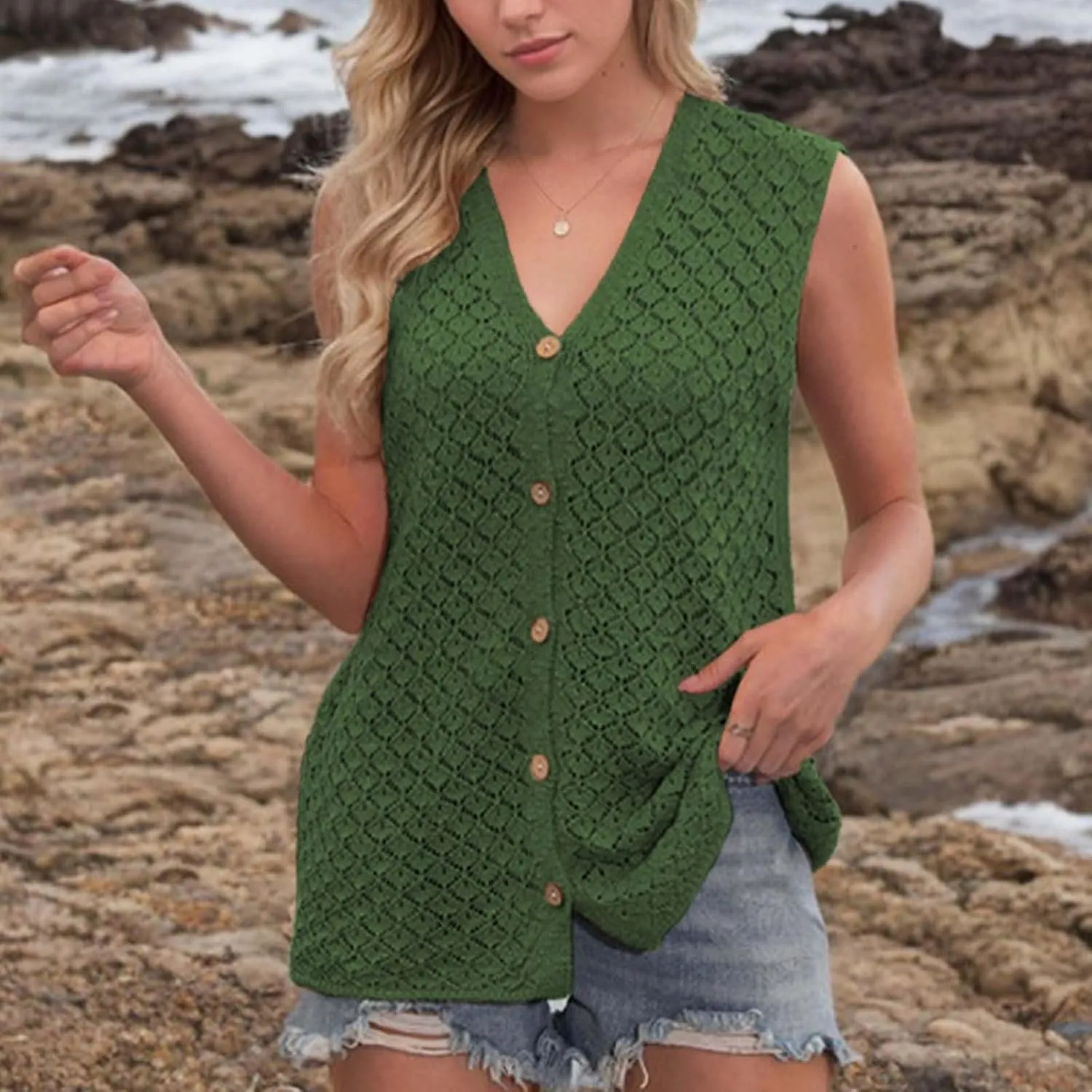 Tank Tops for Women 2025 Dressy Knitted V Neck Button Down Sleeveless Sweater Shirts Soft Comfy Trendy Dressy Outfits