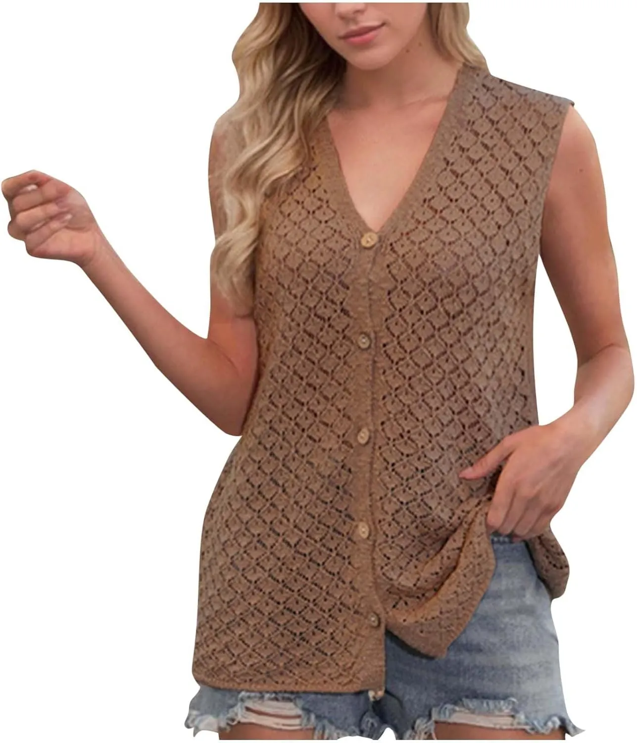 Tank Tops for Women 2025 Dressy Knitted V Neck Button Down Sleeveless Sweater Shirts Soft Comfy Trendy Dressy Outfits