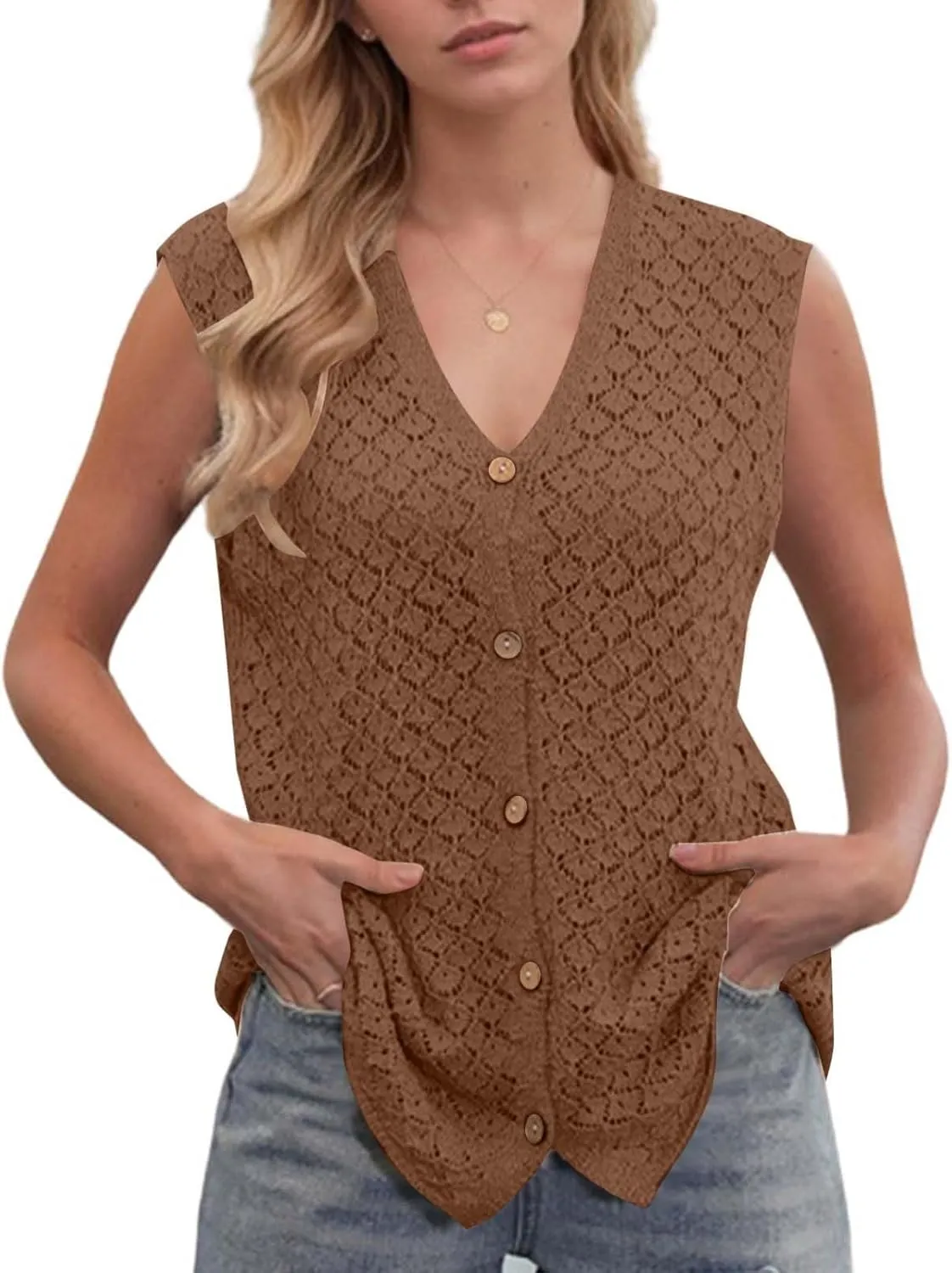 Tank Tops for Women 2025 Dressy Knitted V Neck Button Down Sleeveless Sweater Shirts Soft Comfy Trendy Dressy Outfits