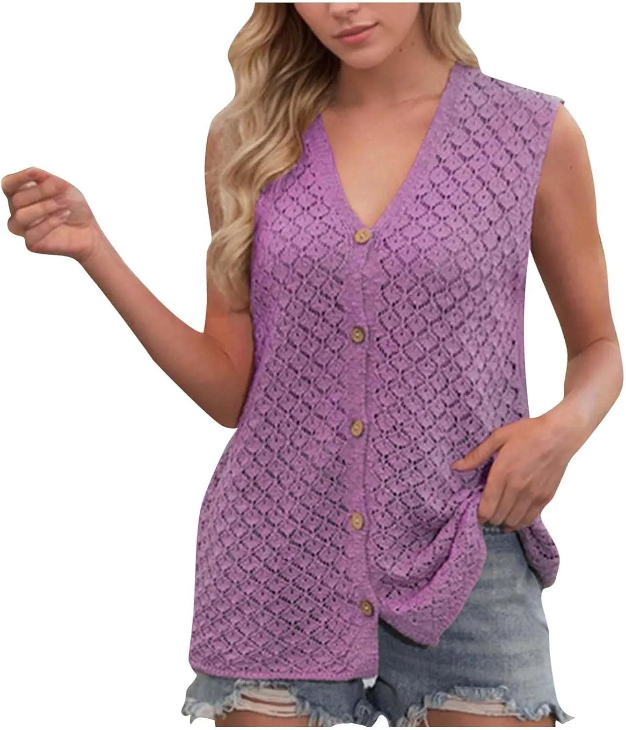 Tank Tops for Women 2025 Dressy Knitted V Neck Button Down Sleeveless Sweater Shirts Soft Comfy Trendy Dressy Outfits