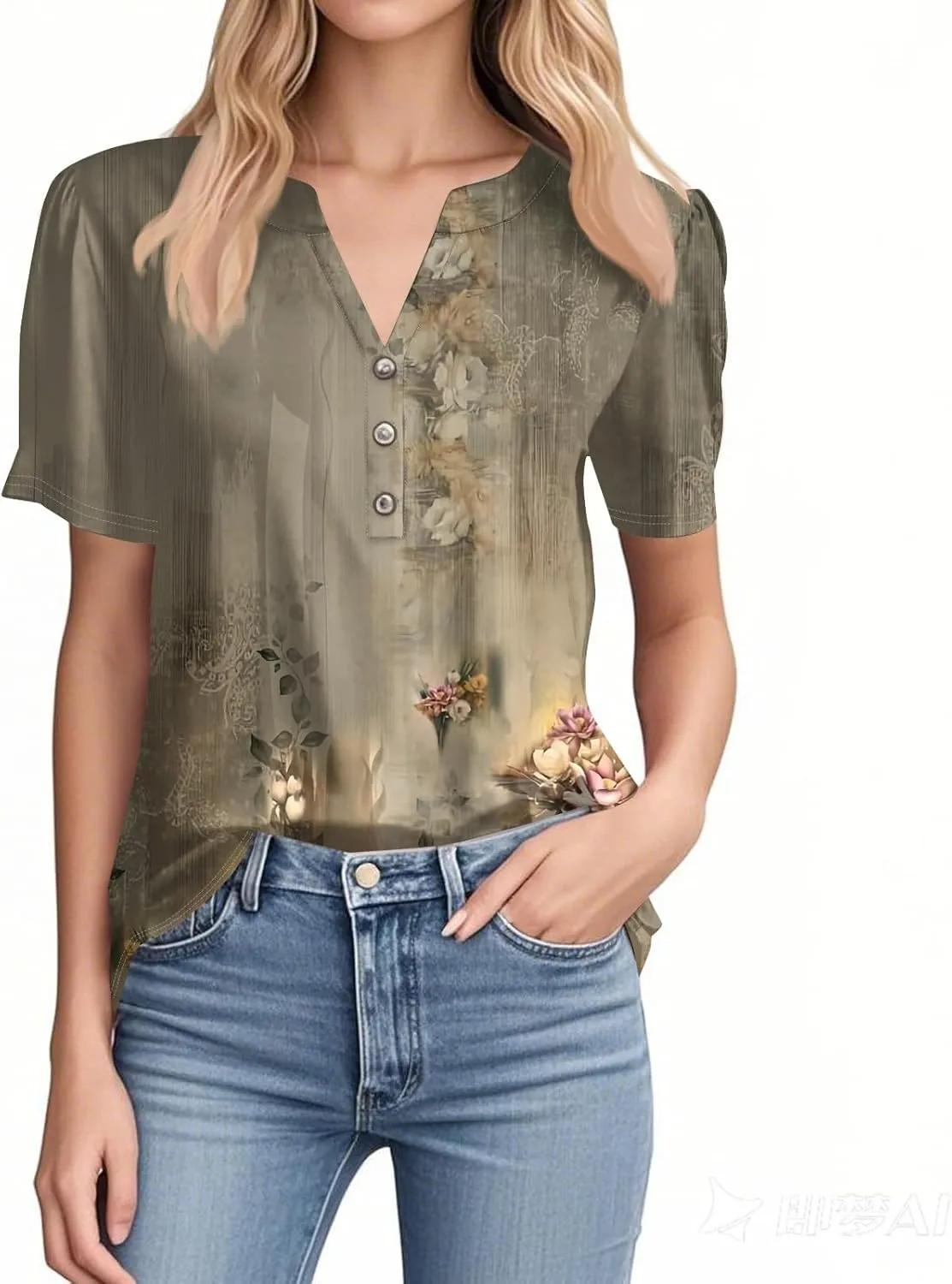 Tops for Women Button Down Henley V Neck Shirts Summer Short Sleeve Elegant Blouses Trendy Floral Print Tshirts