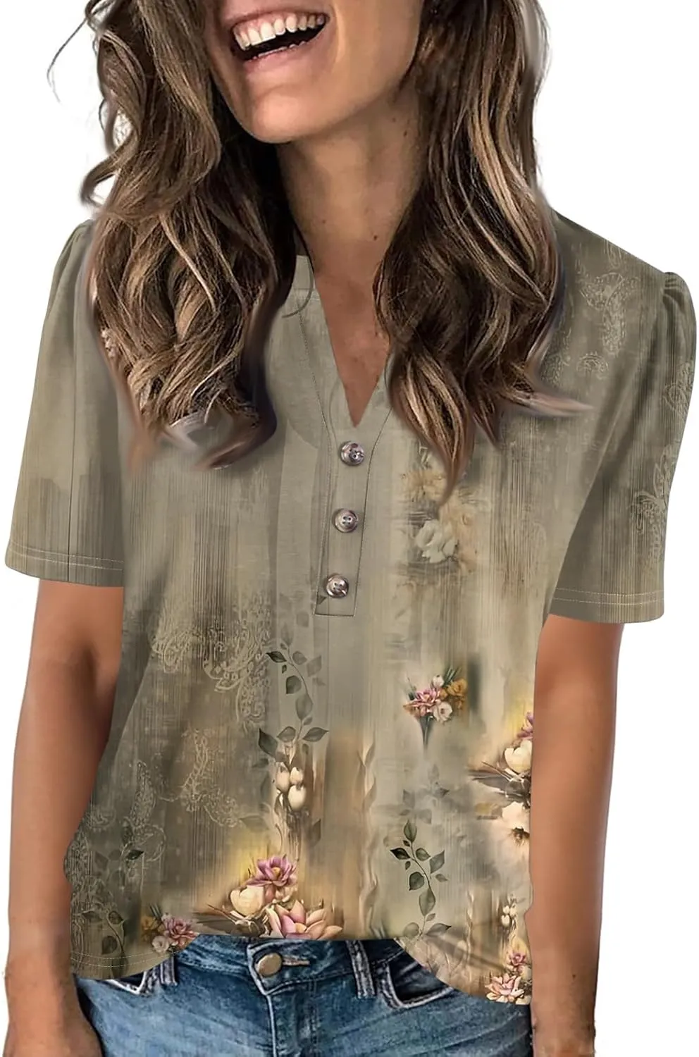 Tops for Women Button Down Henley V Neck Shirts Summer Short Sleeve Elegant Blouses Trendy Floral Print Tshirts
