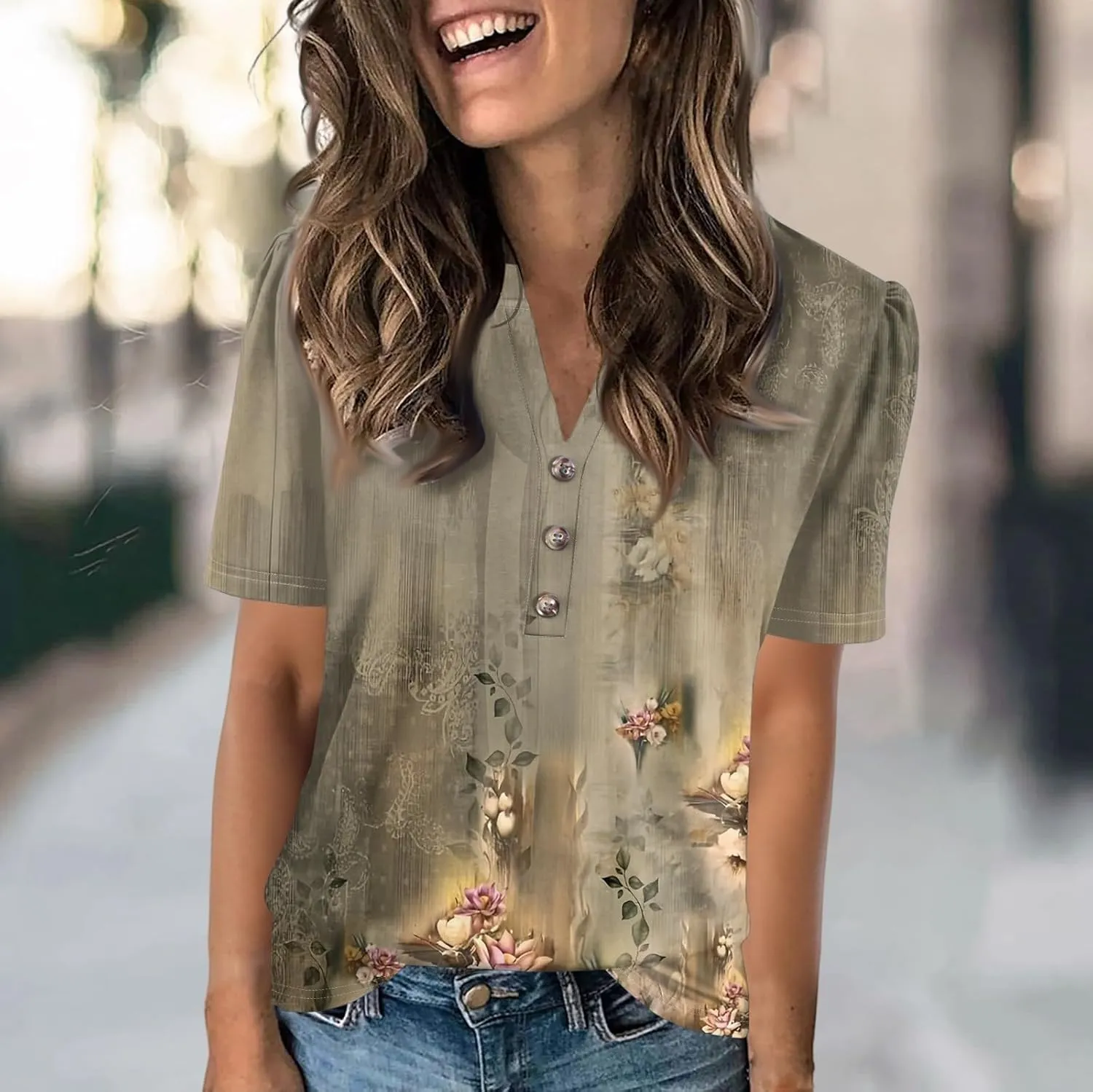 Tops for Women Button Down Henley V Neck Shirts Summer Short Sleeve Elegant Blouses Trendy Floral Print Tshirts