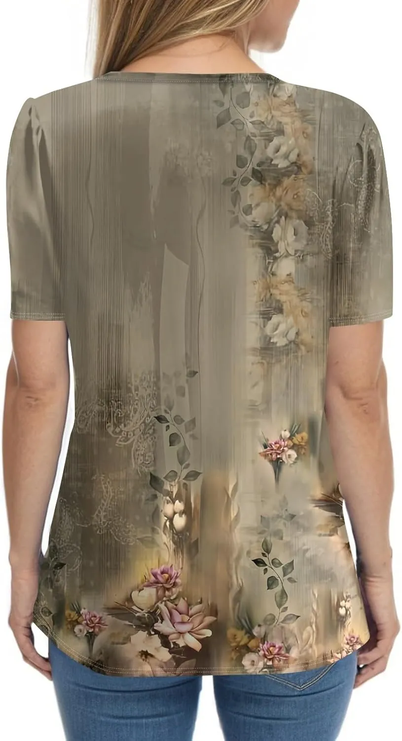 Tops for Women Button Down Henley V Neck Shirts Summer Short Sleeve Elegant Blouses Trendy Floral Print Tshirts