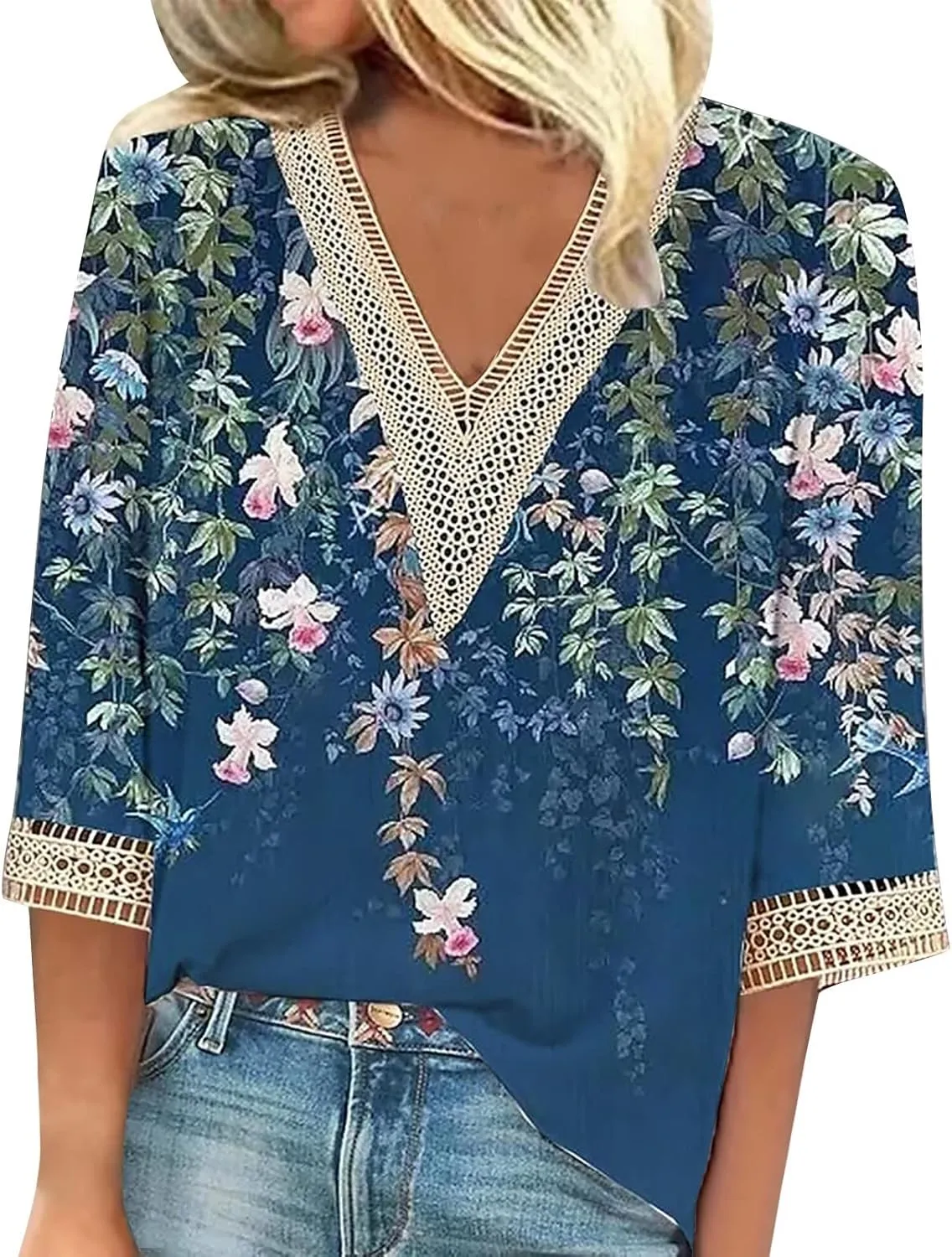 Tops for Women Casual Summer Short Sleeve 3/4 Sleeve Shirts Lace V Neck Dressy Tops Trendy Vacation Floral Blouses