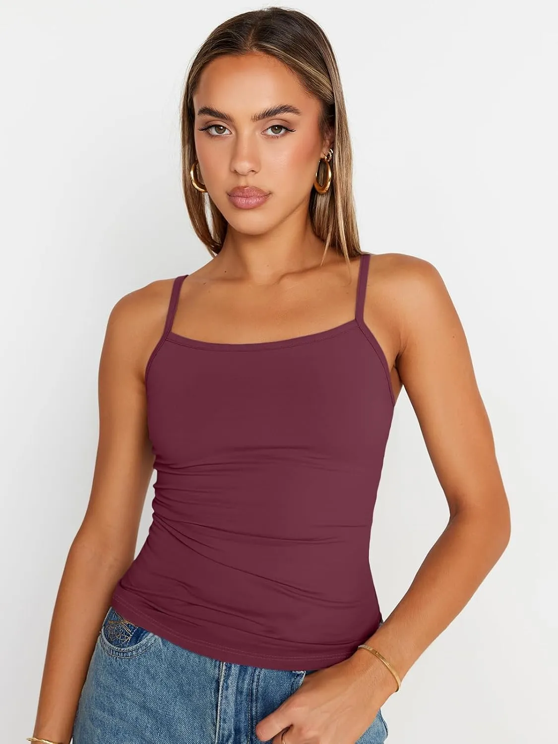 Trendy Queen Womens Adjustable Camisole Sleeveless Square Neck Spaghetti Strap Tank Tops Basic Shirt