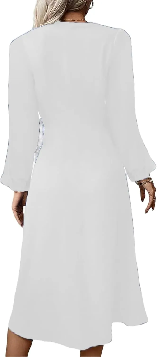 Twist Front Dresses for Women Lantern Sleeve V Neck Casual Cocktail Party Midi Dress