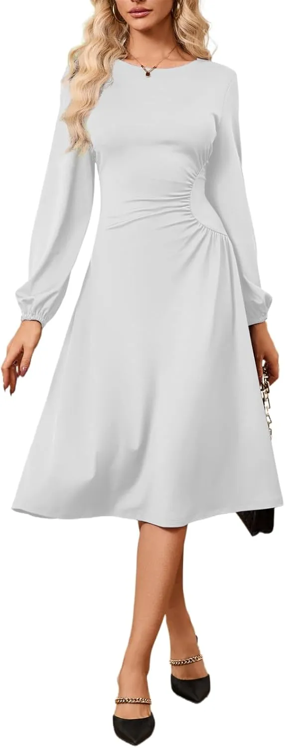 Twist Front Dresses for Women Lantern Sleeve V Neck Casual Cocktail Party Midi Dress