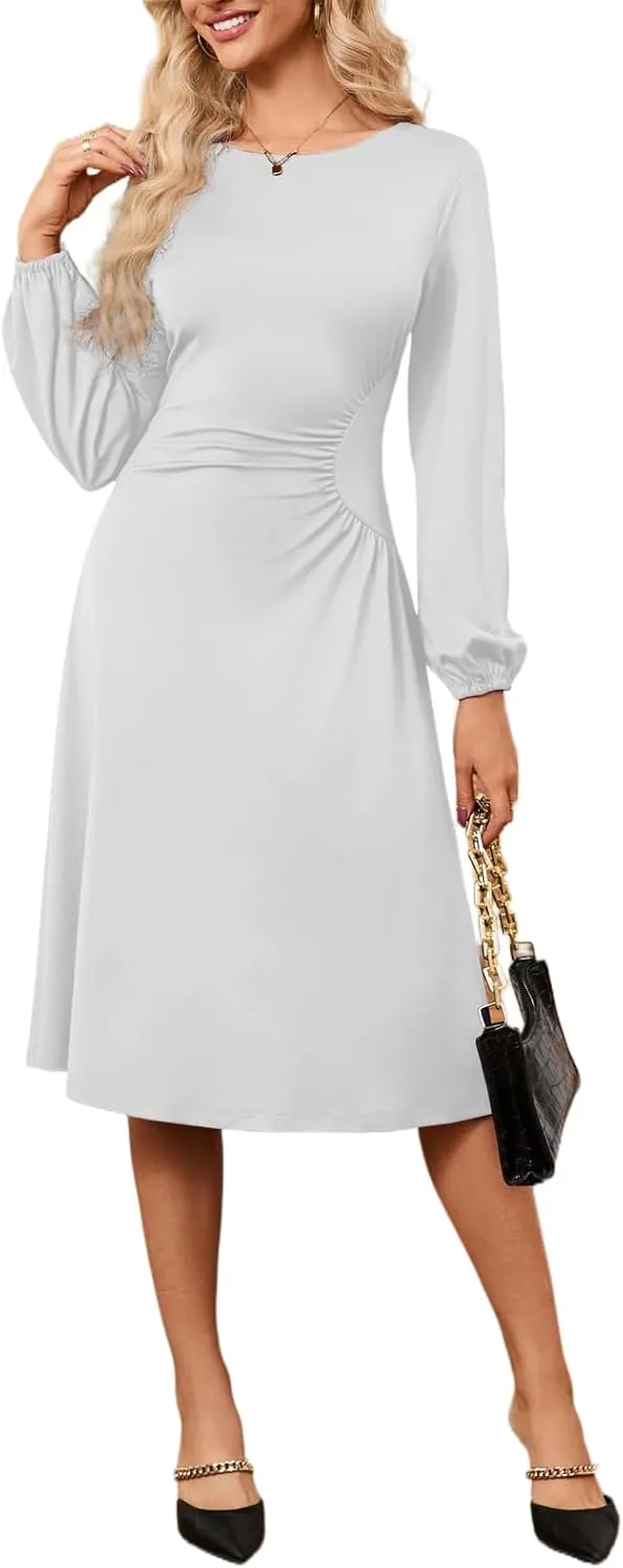 Twist Front Dresses for Women Lantern Sleeve V Neck Casual Cocktail Party Midi Dress