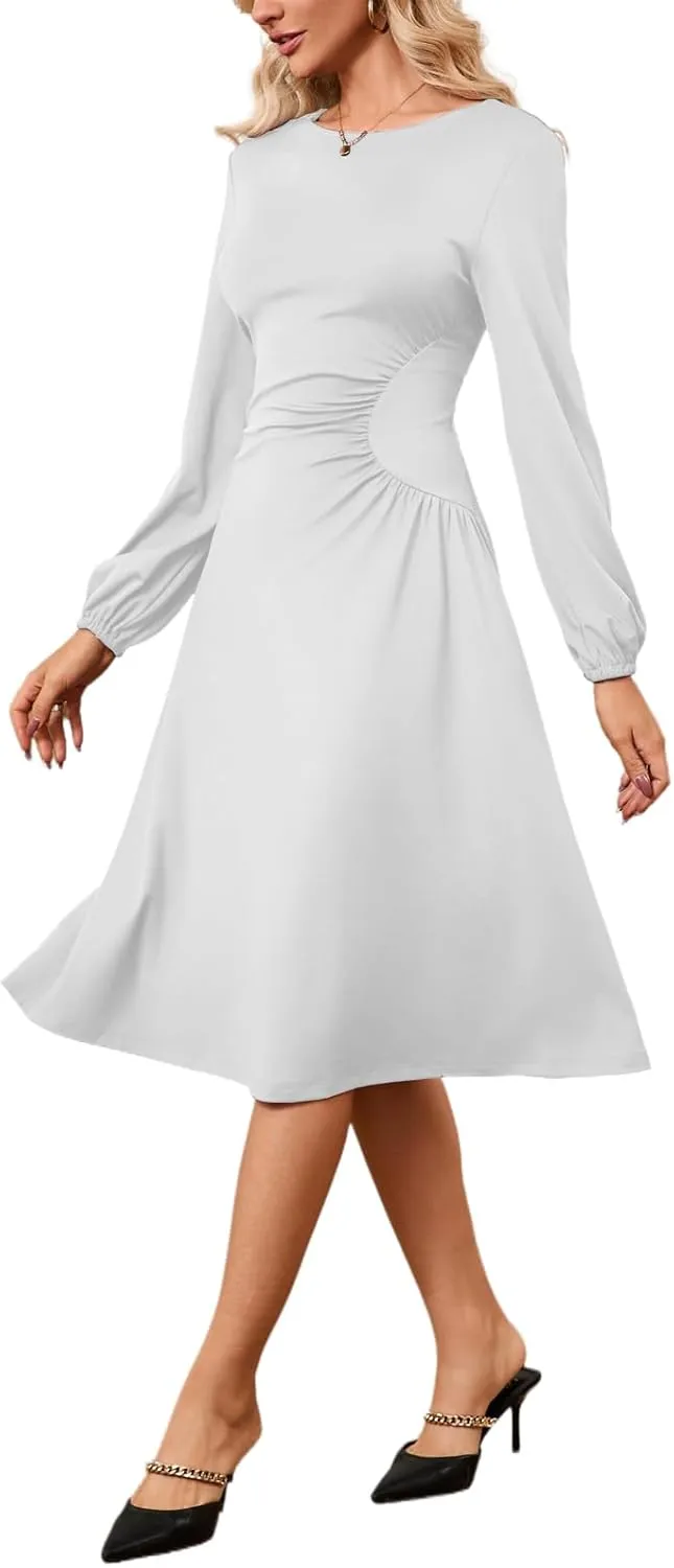 Twist Front Dresses for Women Lantern Sleeve V Neck Casual Cocktail Party Midi Dress