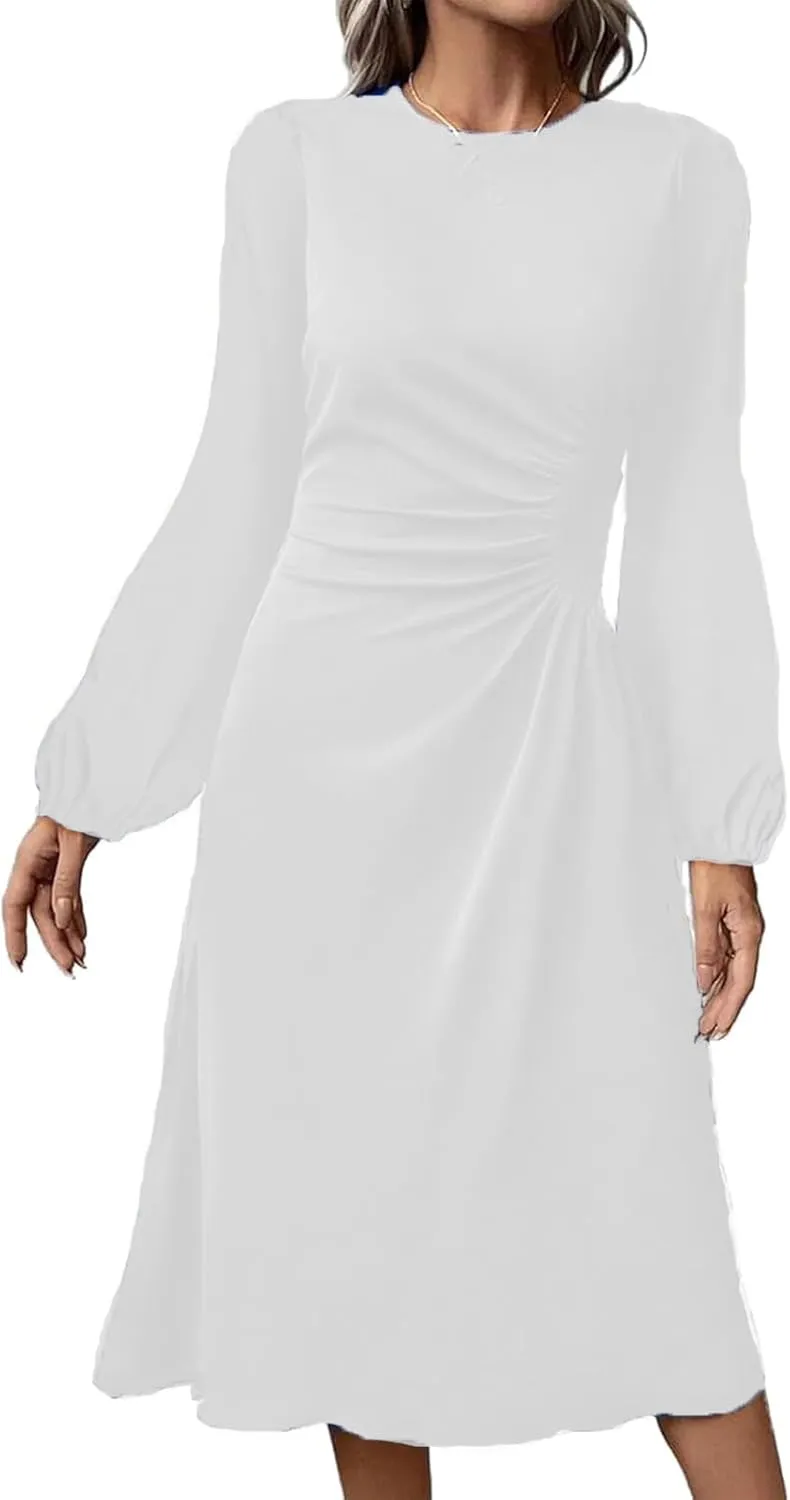 Twist Front Dresses for Women Lantern Sleeve V Neck Casual Cocktail Party Midi Dress