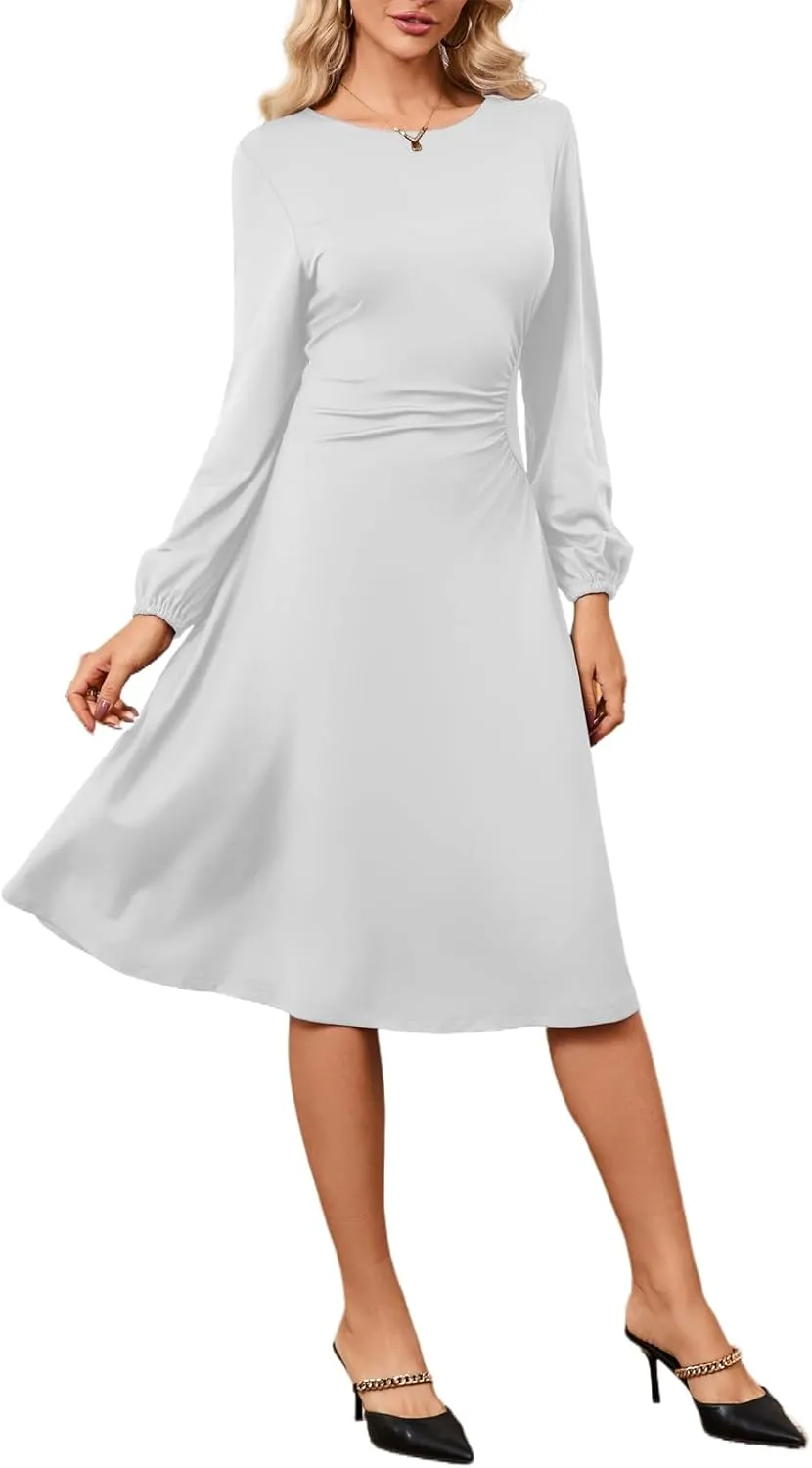 Twist Front Dresses for Women Lantern Sleeve V Neck Casual Cocktail Party Midi Dress