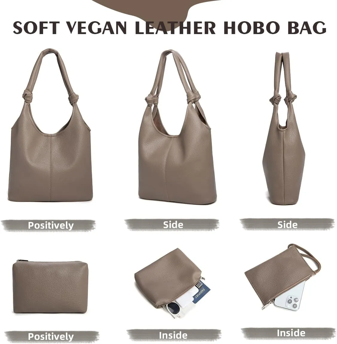 Vegan Leather Hobo Purse Set Slouchy Shoulder Bag Knotted Hobo Bags for Women with Small Purse and Clutch Handbag