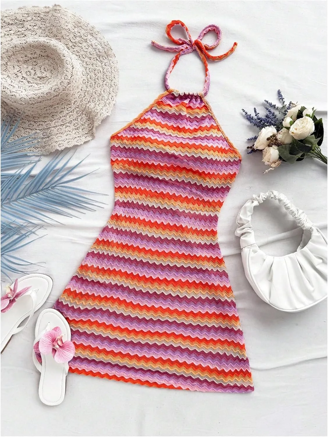 Verdusa Women's Boho 70s Cami Dress Striped Halter Backless Fitted Mini Dress