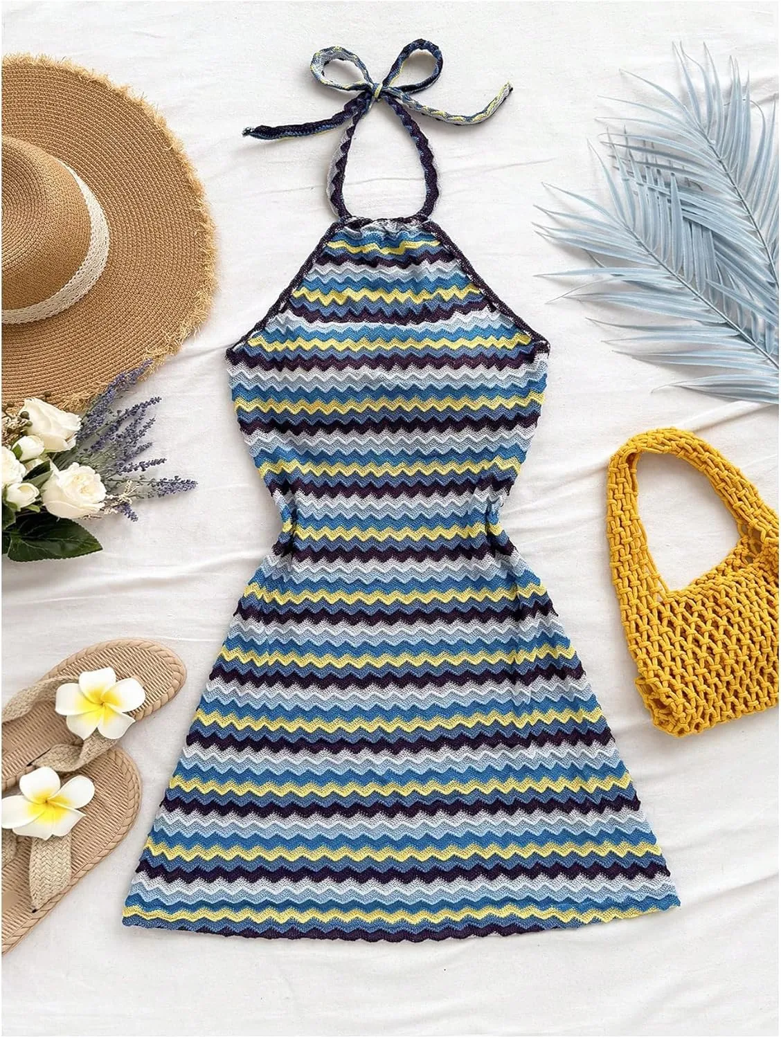 Verdusa Women's Boho 70s Cami Dress Striped Halter Backless Fitted Mini Dress
