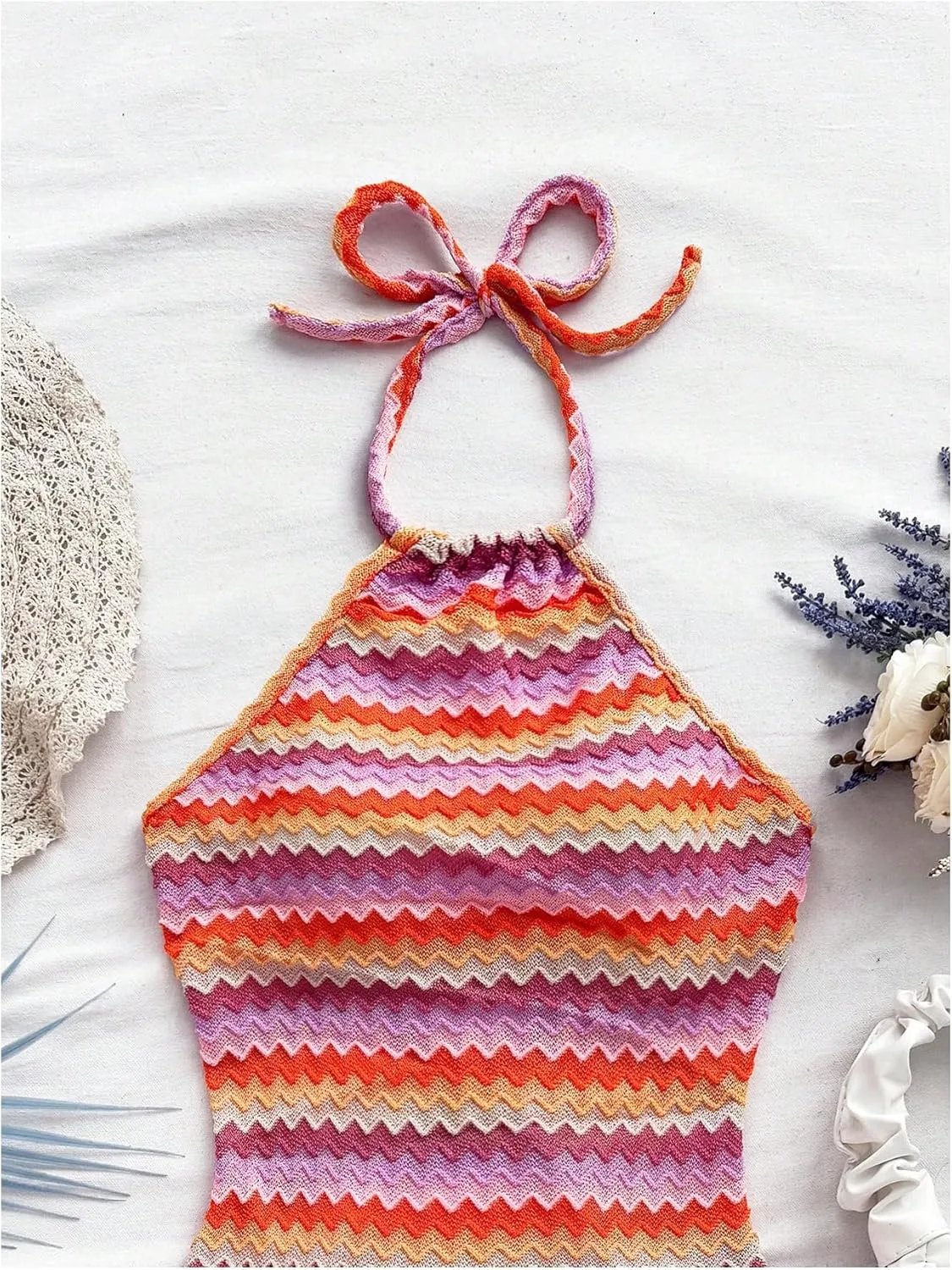 Verdusa Women's Boho 70s Cami Dress Striped Halter Backless Fitted Mini Dress
