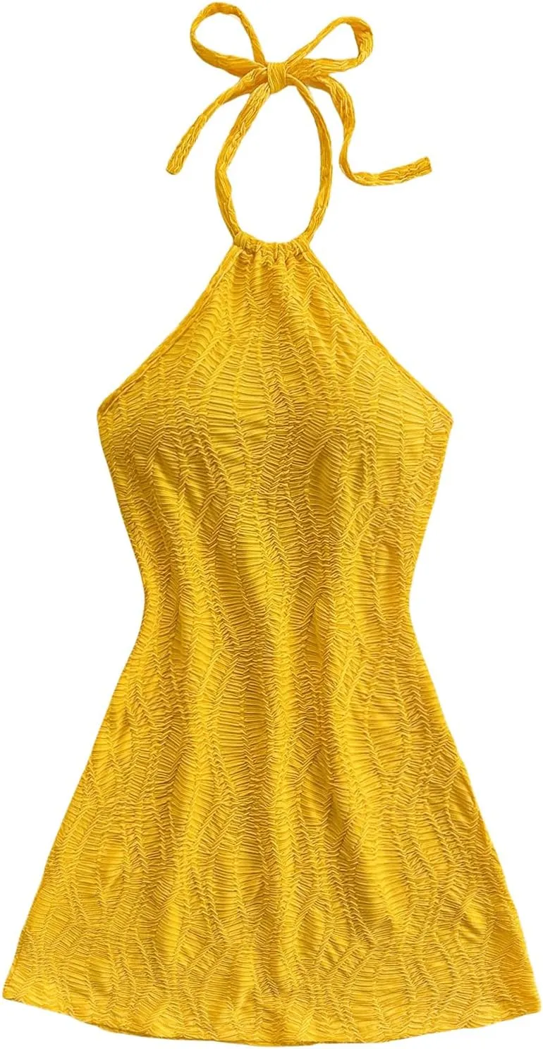 Verdusa Women's Boho 70s Cami Dress Striped Halter Backless Fitted Mini Dress