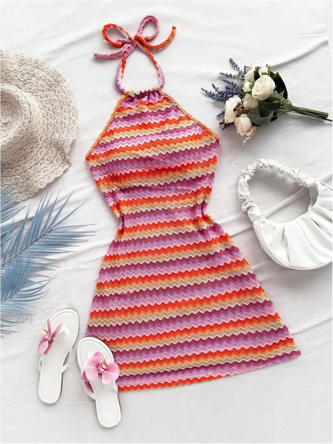 Verdusa Women's Boho 70s Cami Dress Striped Halter Backless Fitted Mini Dress