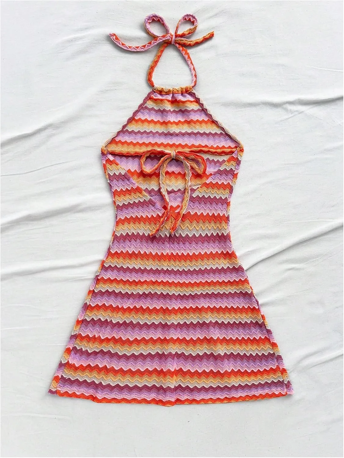 Verdusa Women's Boho 70s Cami Dress Striped Halter Backless Fitted Mini Dress