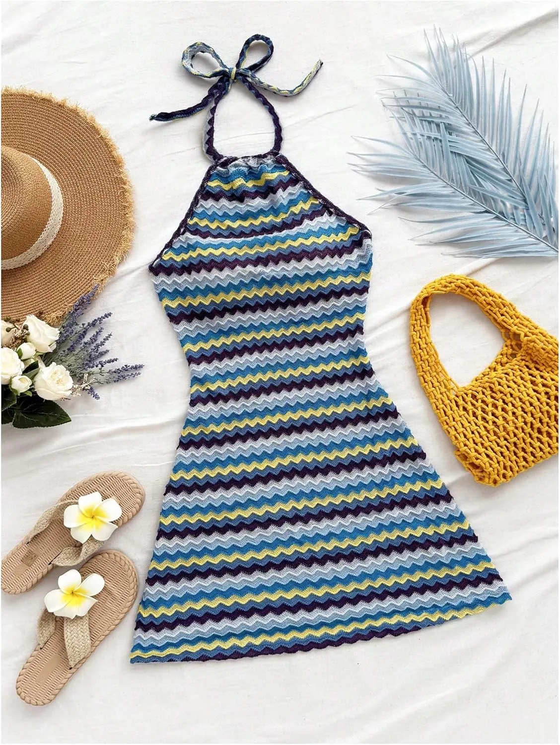 Verdusa Women's Boho 70s Cami Dress Striped Halter Backless Fitted Mini Dress