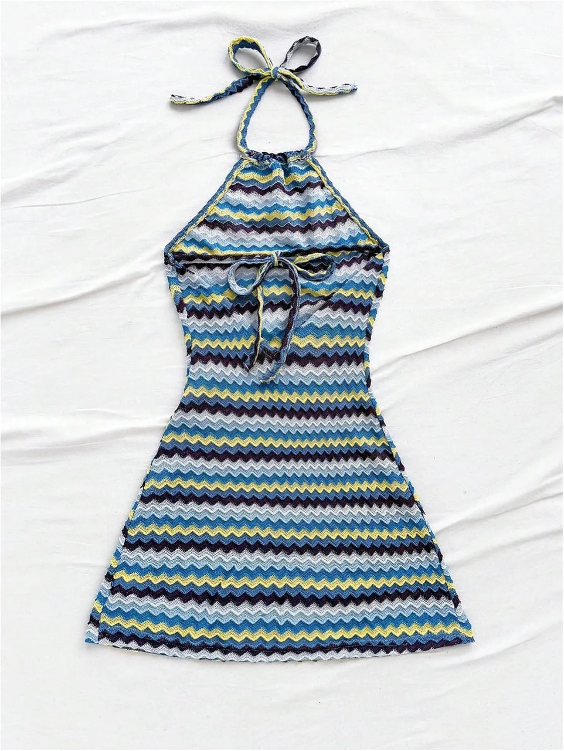 Verdusa Women's Boho 70s Cami Dress Striped Halter Backless Fitted Mini Dress