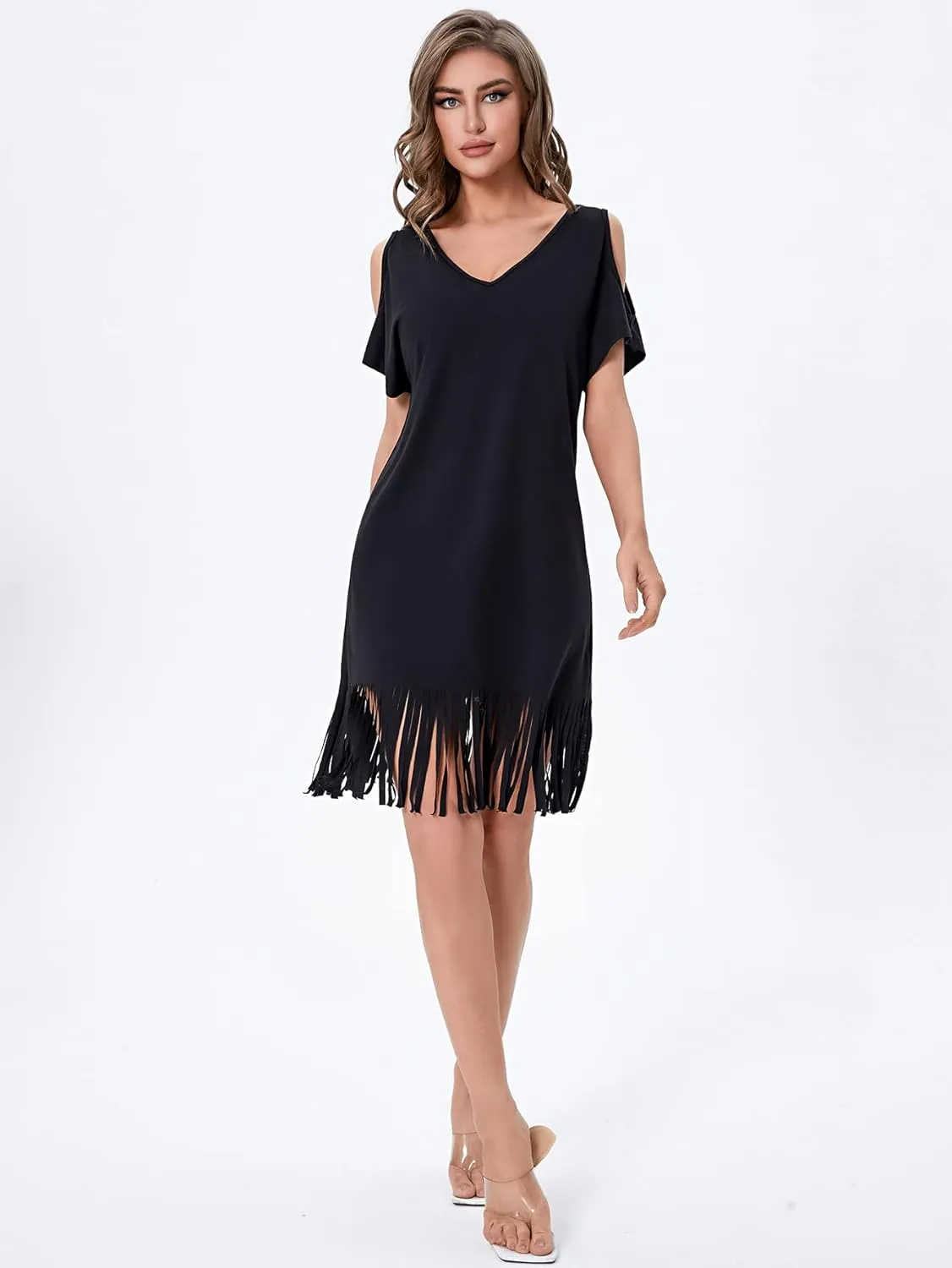 Verdusa Women's Cold Shoulder V Neck Fringe Hem Straight Dress Without Belt