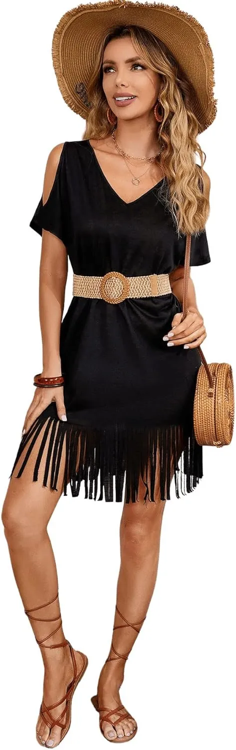 Verdusa Women's Cold Shoulder V Neck Fringe Hem Straight Dress Without Belt