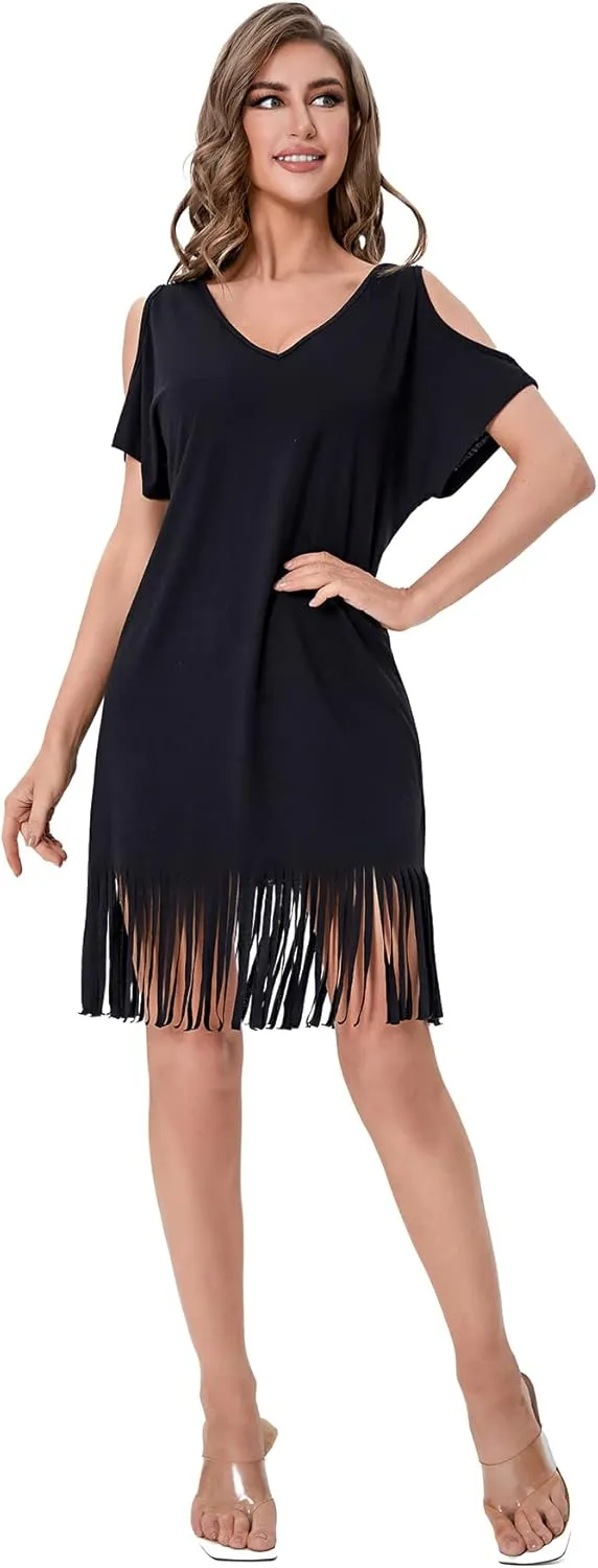 Verdusa Women's Cold Shoulder V Neck Fringe Hem Straight Dress Without Belt