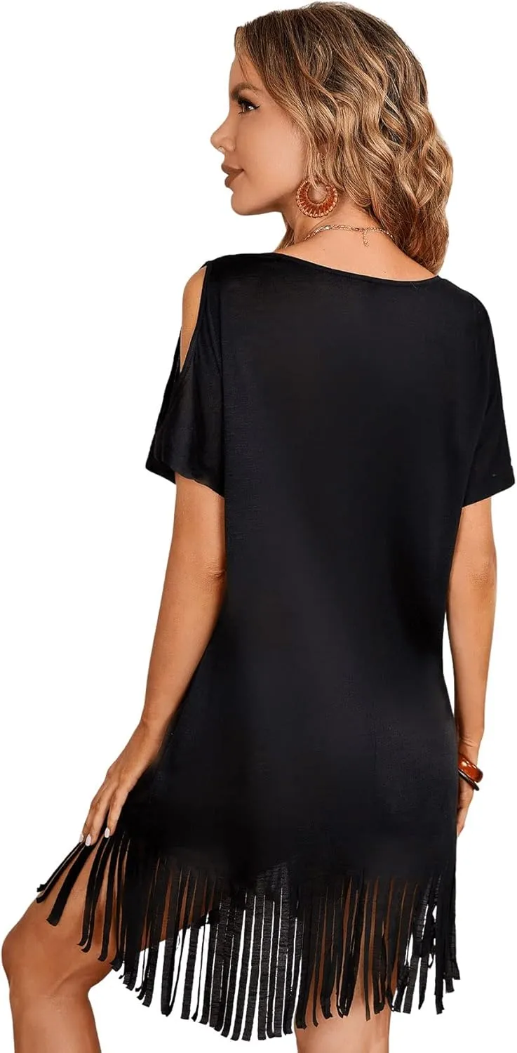 Verdusa Women's Cold Shoulder V Neck Fringe Hem Straight Dress Without Belt