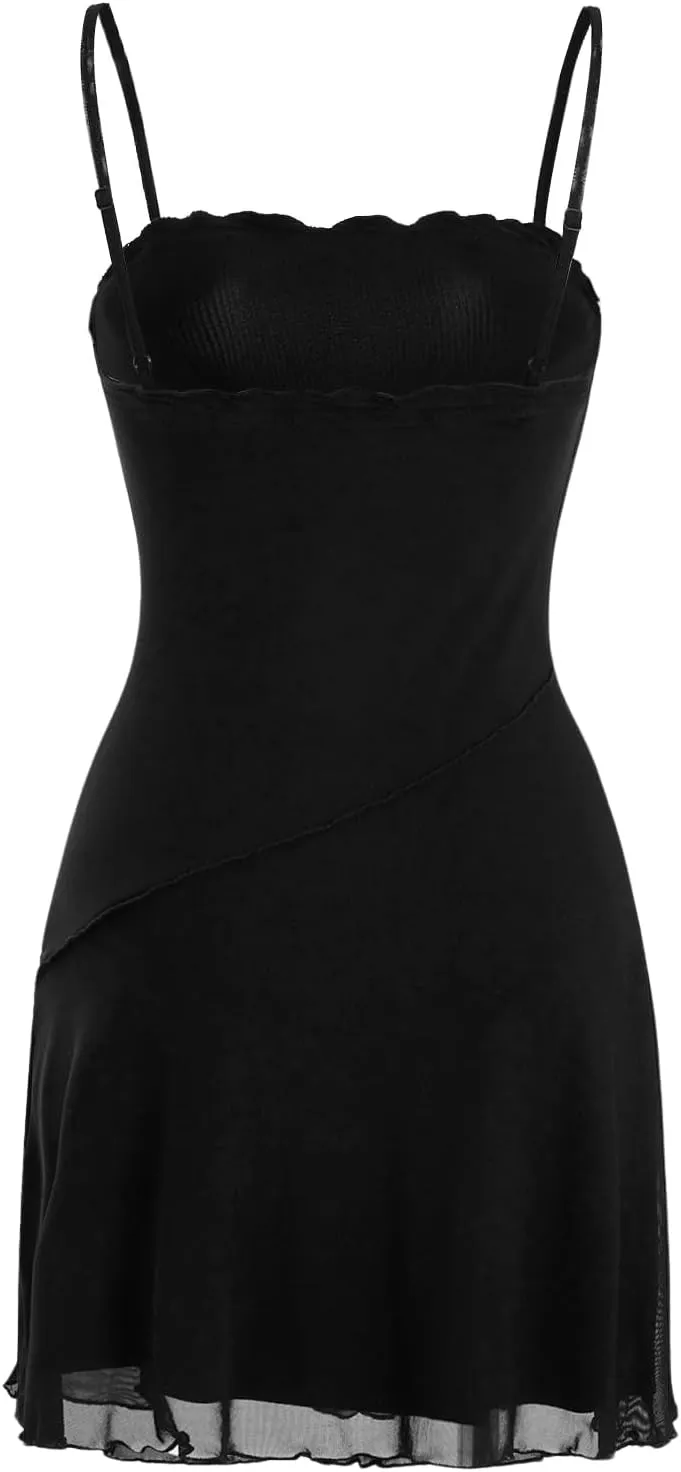 Verdusa Women's Lettuce Trim Floral Print Mesh Sleeveless A Line Short Cami Dress