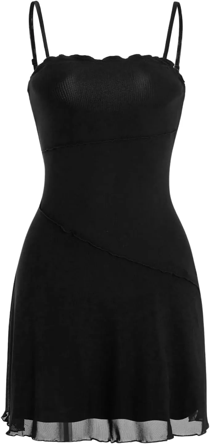 Verdusa Women's Lettuce Trim Floral Print Mesh Sleeveless A Line Short Cami Dress