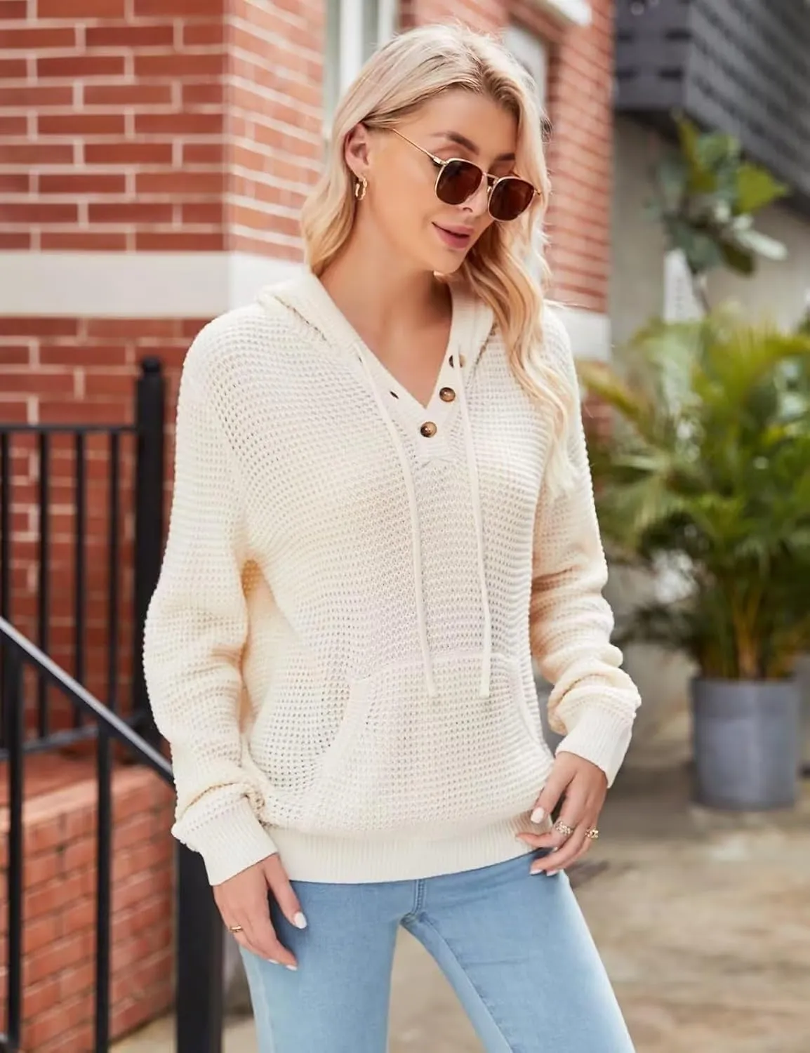 VIMPUNEC 2024 Fall Womens Oversized Hoodies Knit V Neck Sweaters Fashion Casual Pullover Tops