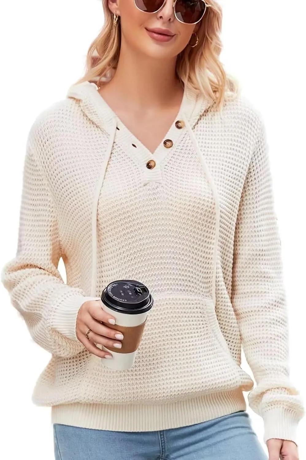 VIMPUNEC 2024 Fall Womens Oversized Hoodies Knit V Neck Sweaters Fashion Casual Pullover Tops