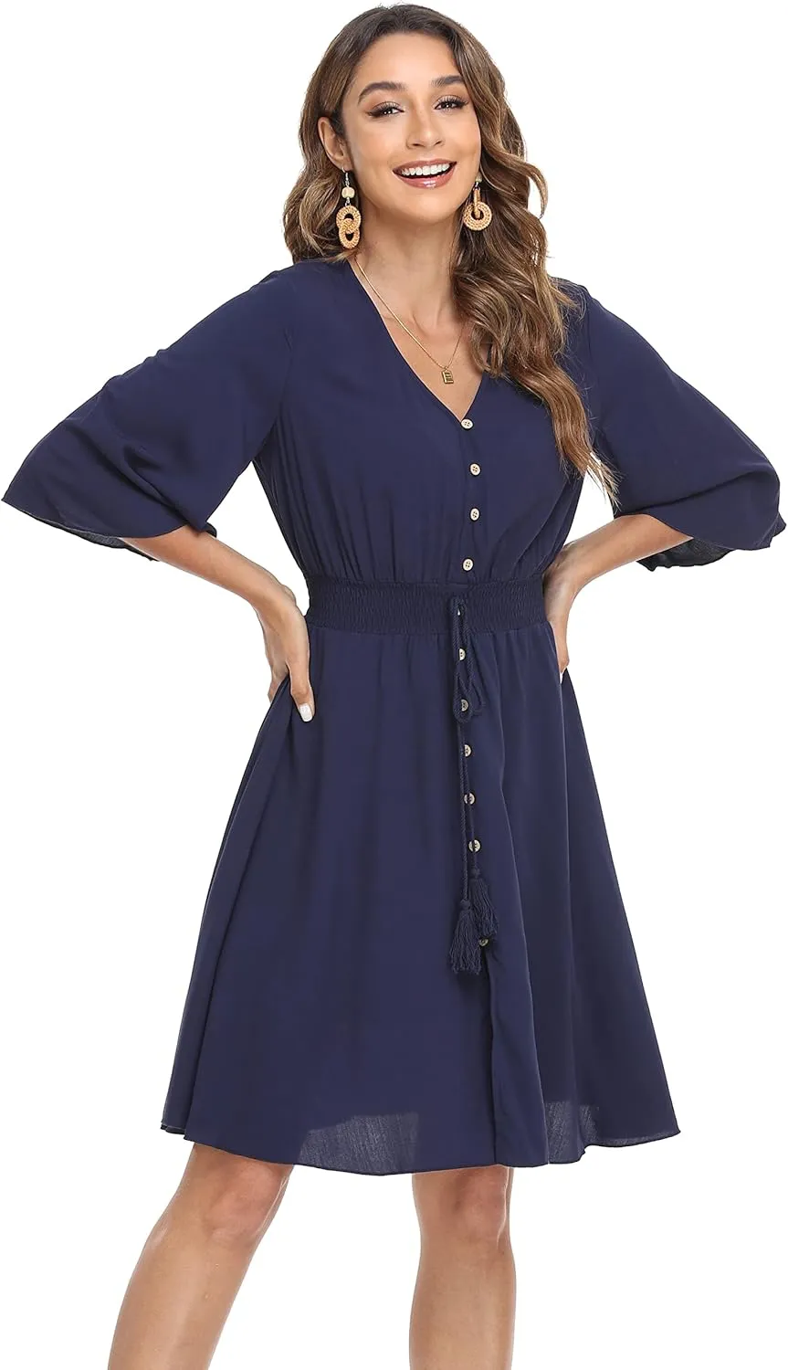 VintageClothing Women's Floral Sundresses Flowy Boho Summer Casual Beach Dress Button Up Midi Party Dress