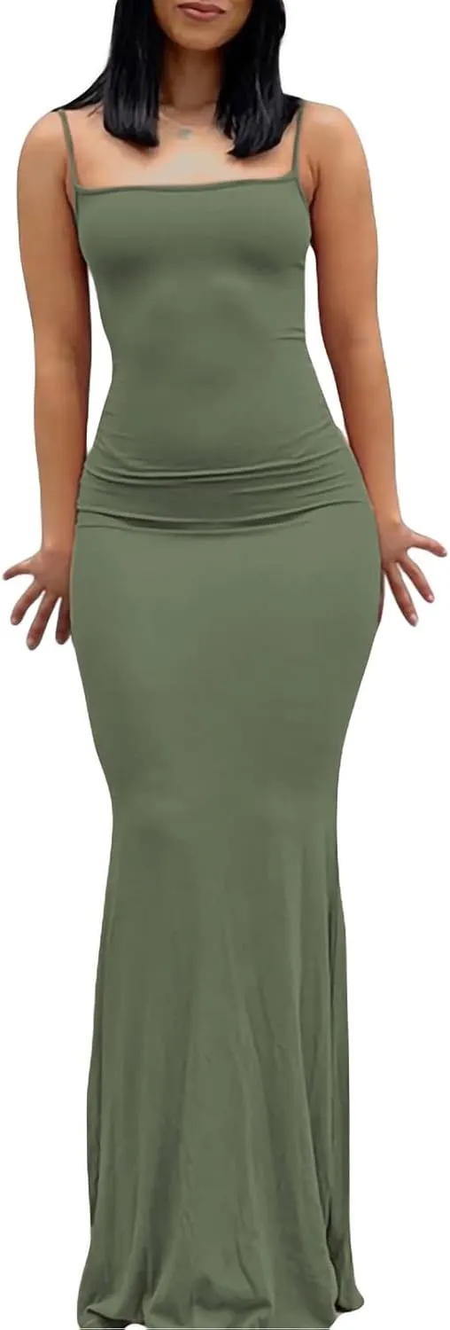 VIUTIL Women's Maxi Bodycon Dress Sexy Spaghetti Strap Sleeveless Tight Slip Long Dresses 2023
