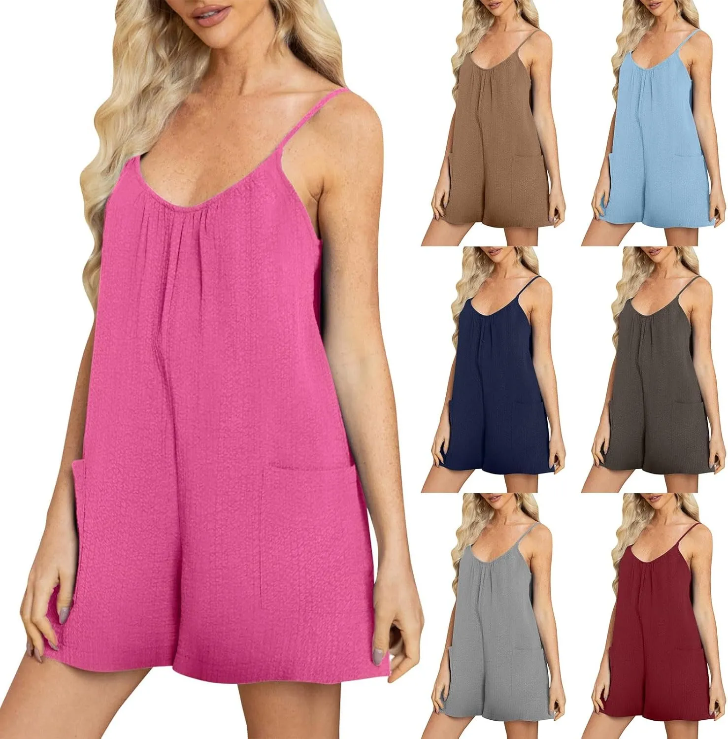 WABEOR Short Rompers for Women Cotton Linen 2024 Summer Casual Loose Fit Spaghetti Strap Overalls Jumpsuit with Pockets