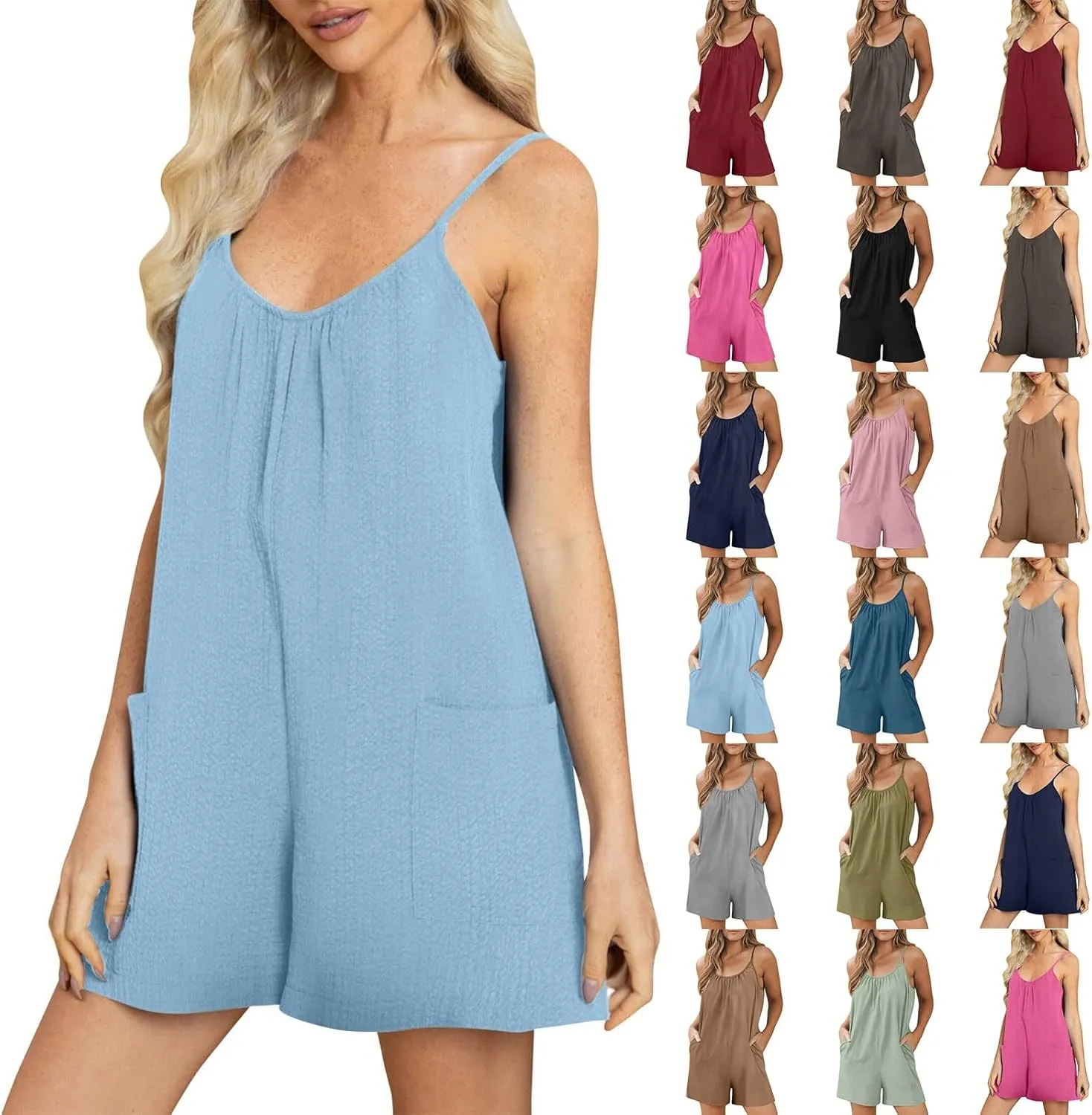 WABEOR Short Rompers for Women Cotton Linen 2024 Summer Casual Loose Fit Spaghetti Strap Overalls Jumpsuit with Pockets