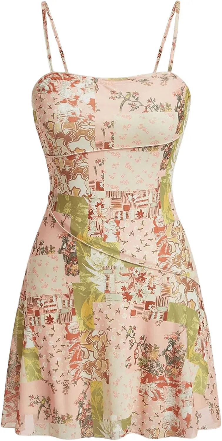 WDIRARA Women's Summer Boho Patchwork Print Spaghetti Strap Flared Short Cami Dress